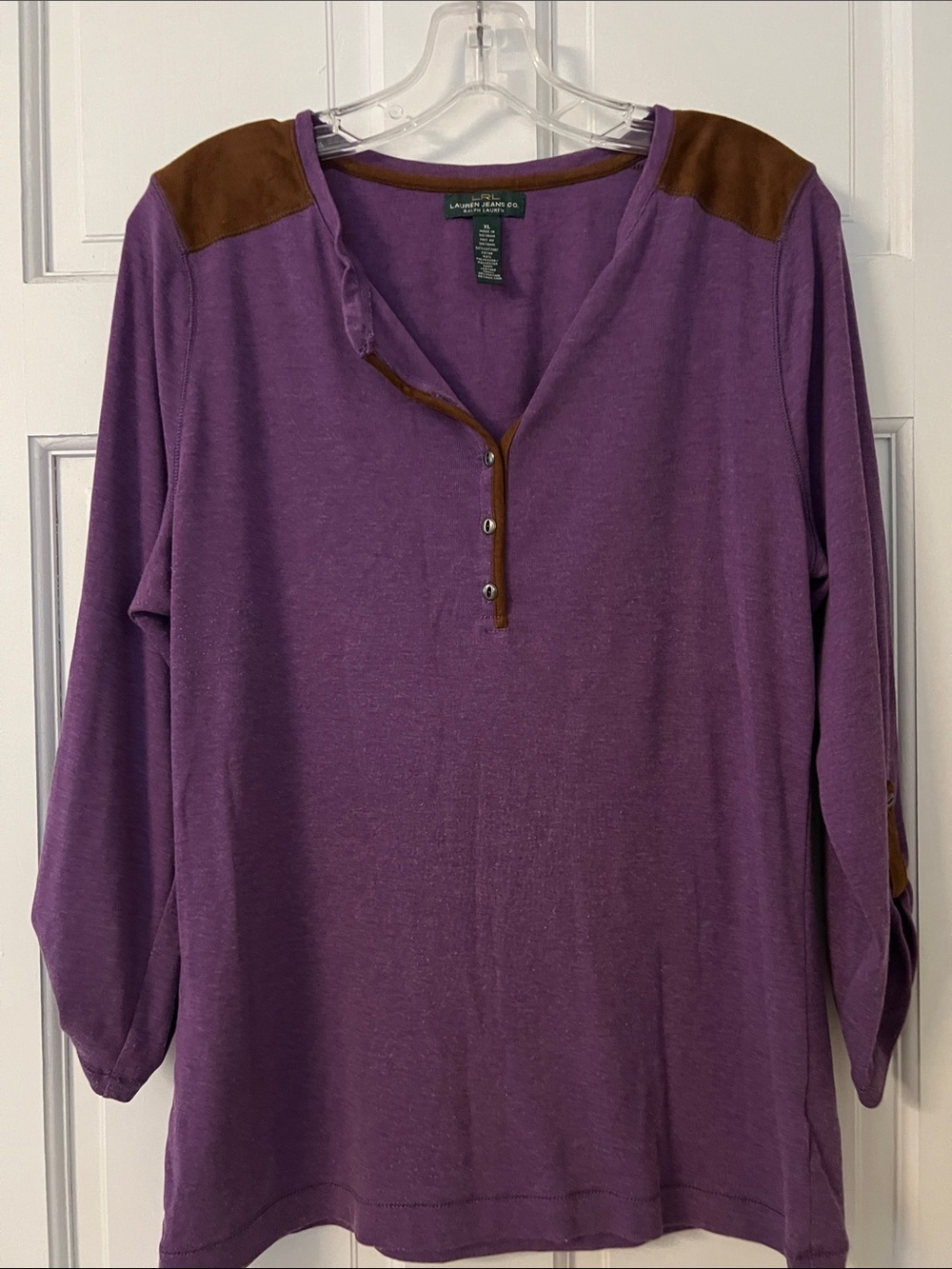 LRL Lauren jeans co xl Purple Long-Sleeve Henley with Brown Shoulder Accents